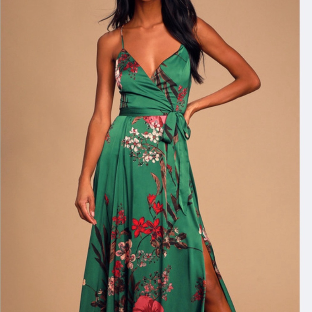 Lulus Still the One Emerald Green Floral Print Satin Maxi Dressss size XL NWT